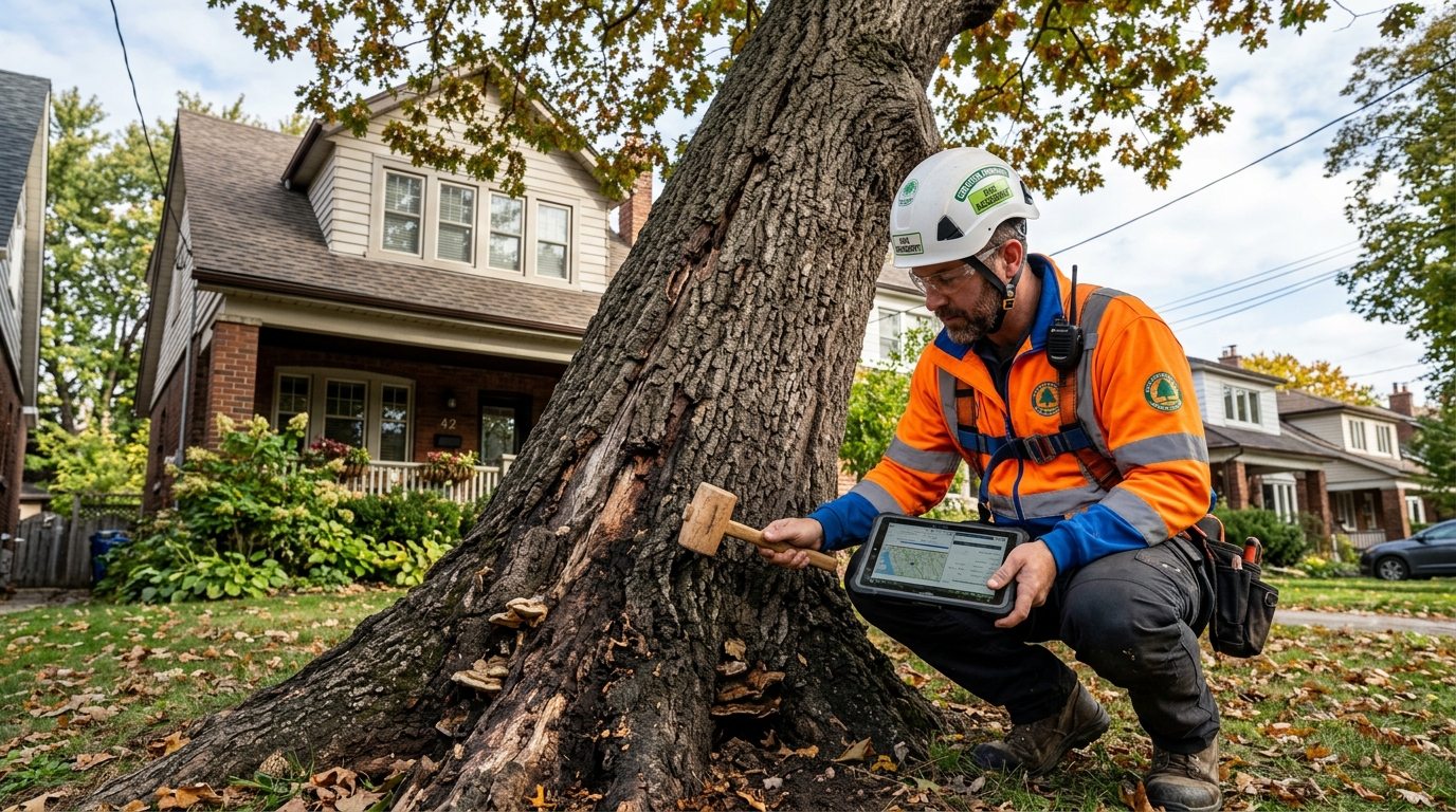 Certified arborist inspecting severe root flare rot and lean on a mature tree