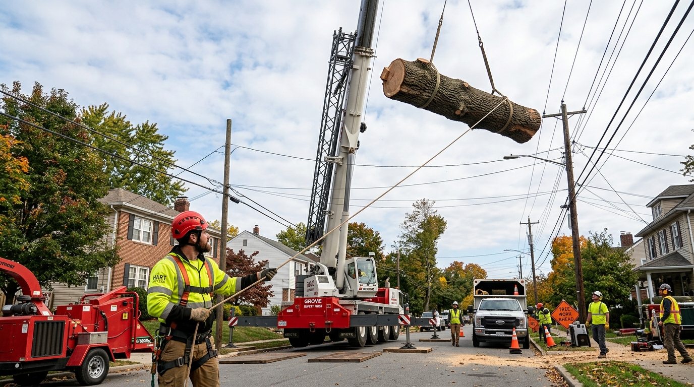 Heavy mobile crane lifting large oak tree over suburban homes