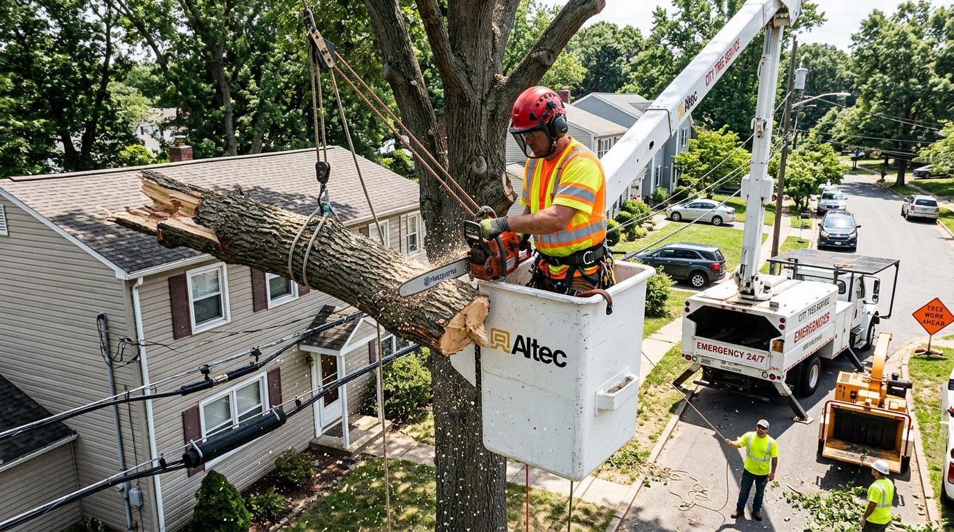 Aerial bucket truck cutting hazardous canopy limbs